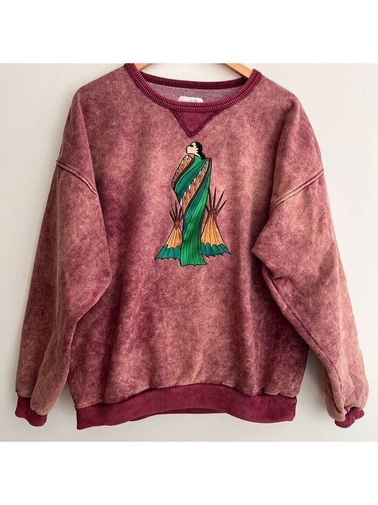Fuzzy Stonewash Tops - VINTAGE Fuzzy Stonewash Sweatshirt Indigenous Embroidered Design Made Canada